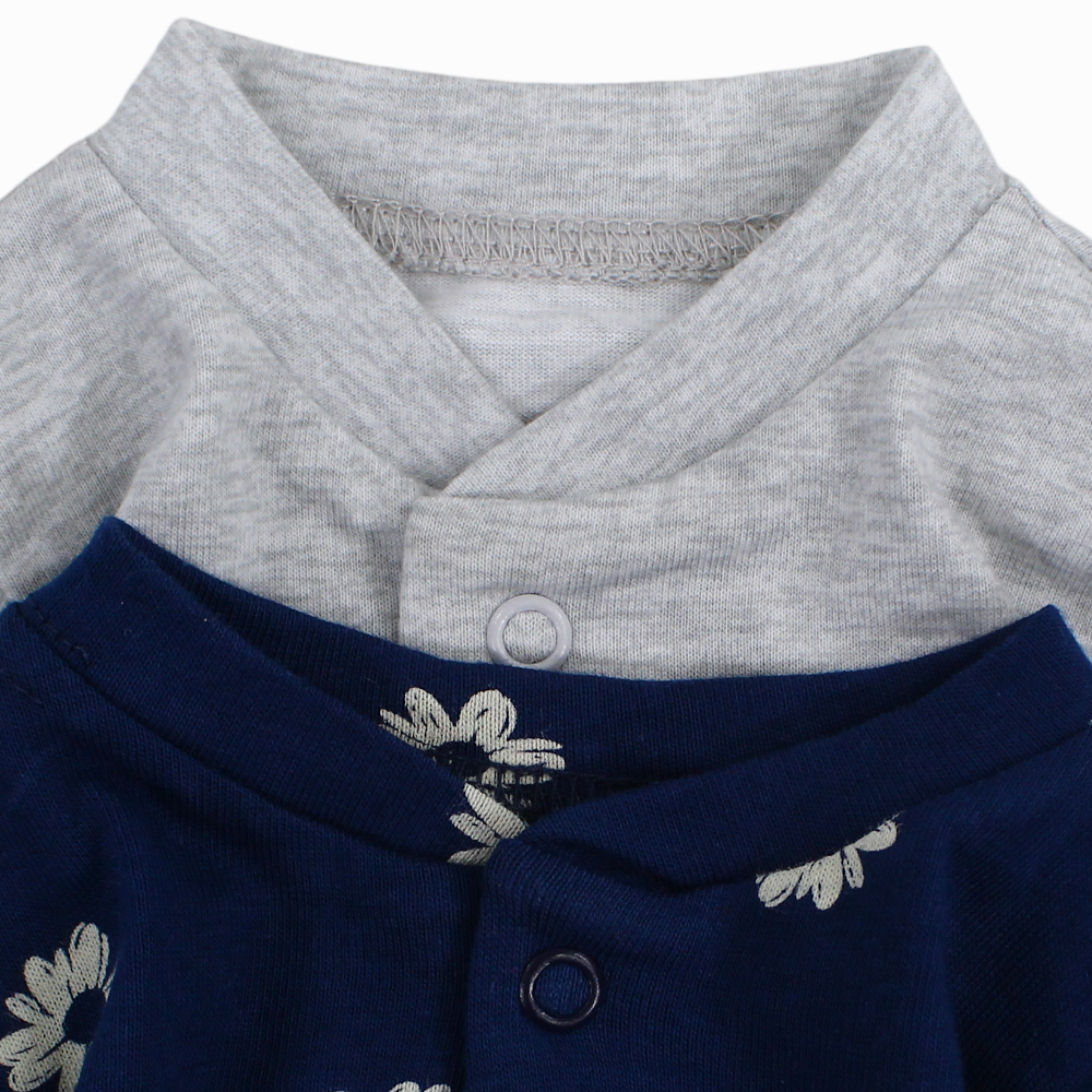 Baby Girls Cotton Baby Footie – Grey & Navy with Floral Print (2Pack)
