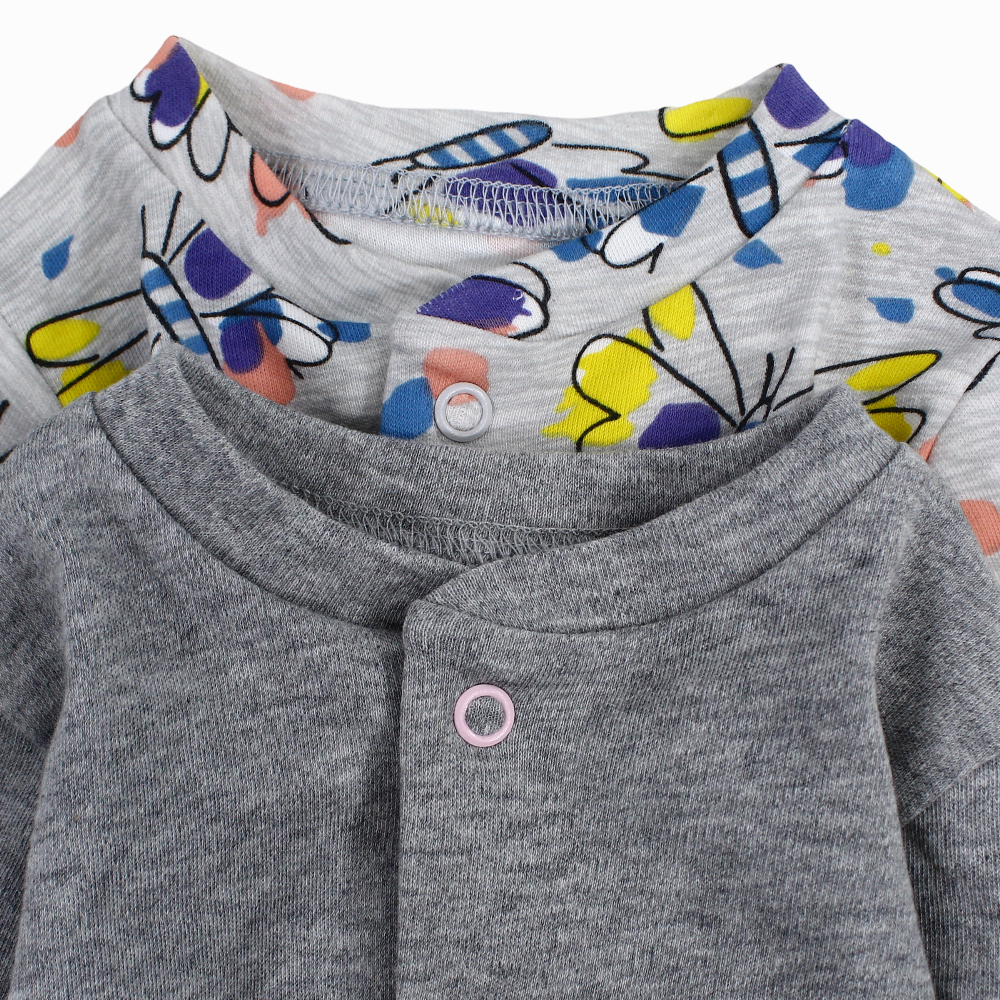 Baby Girls Cotton Baby Footie – Grey with Butterfly Print (2Pack)