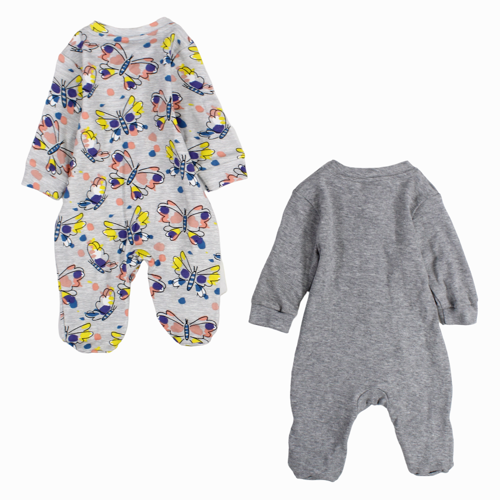 Baby Girls Cotton Baby Footie – Grey with Butterfly Print (2Pack)