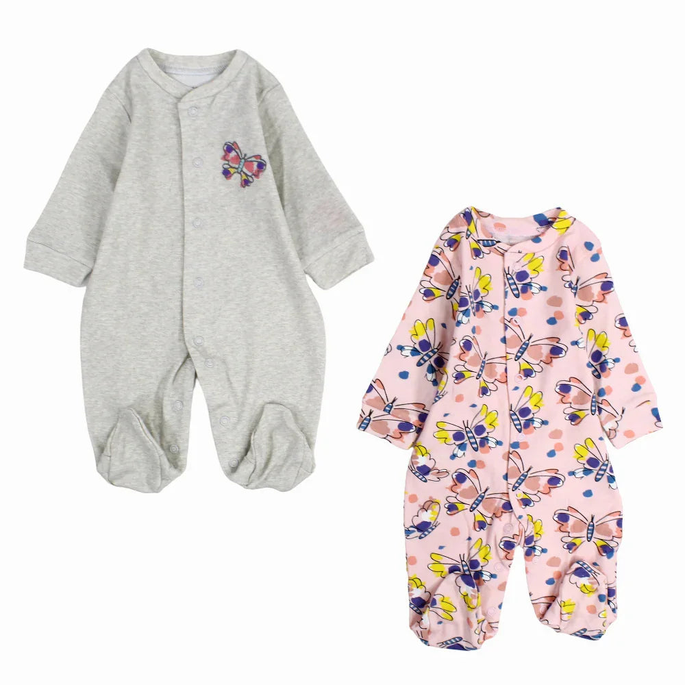 Pack of 2 - Baby Girls Cotton Baby Footie Grey & Pink with Butterfly Print - Clothing - Al Sayad