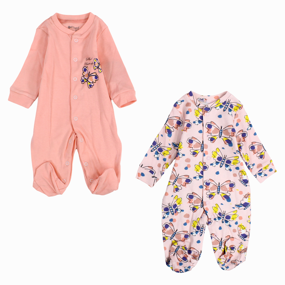 Baby Girls Cotton Baby Footie – Grey & Pink with Butterfly Print (2Pack)
