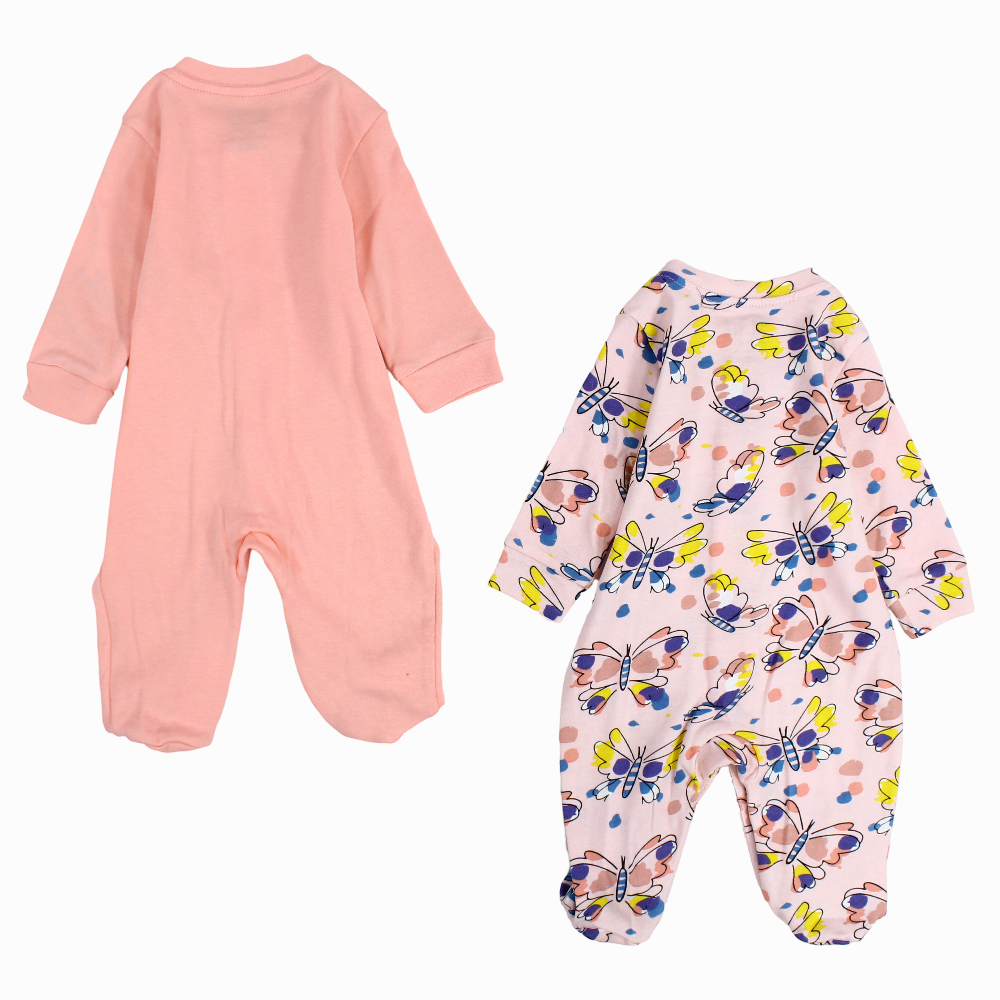 Baby Girls Cotton Baby Footie – Grey & Pink with Butterfly Print (2Pack)