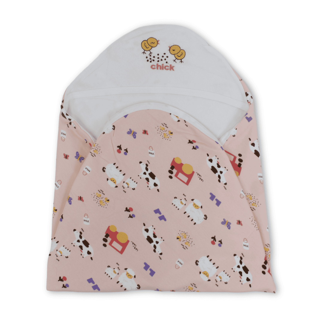 Cotton Baby Blanket – Off-White & Salmon with Chick Embroidery - Baby Essentials - Al Sayad