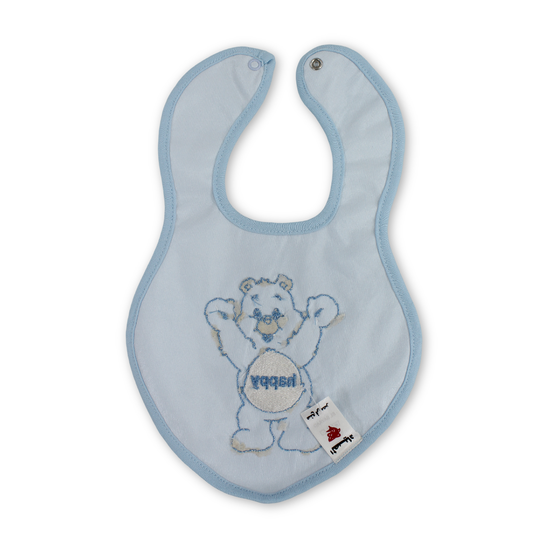 Cotton Baby Bib – Baby Blue with Bear Embroidery