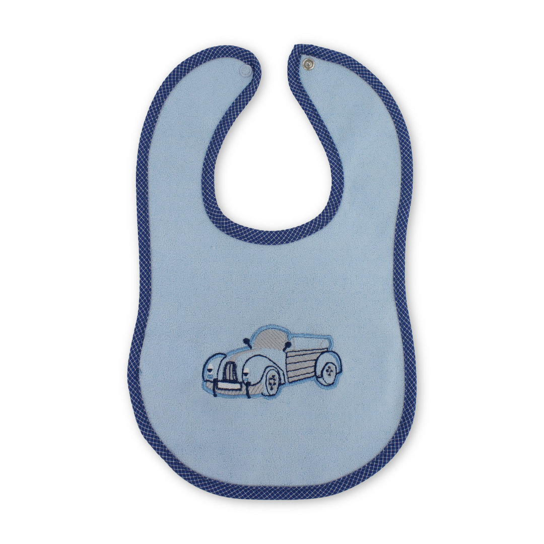 Cotton Baby Bib – Baby Blue with Car Embroidery - Baby Essentials - Al Sayad