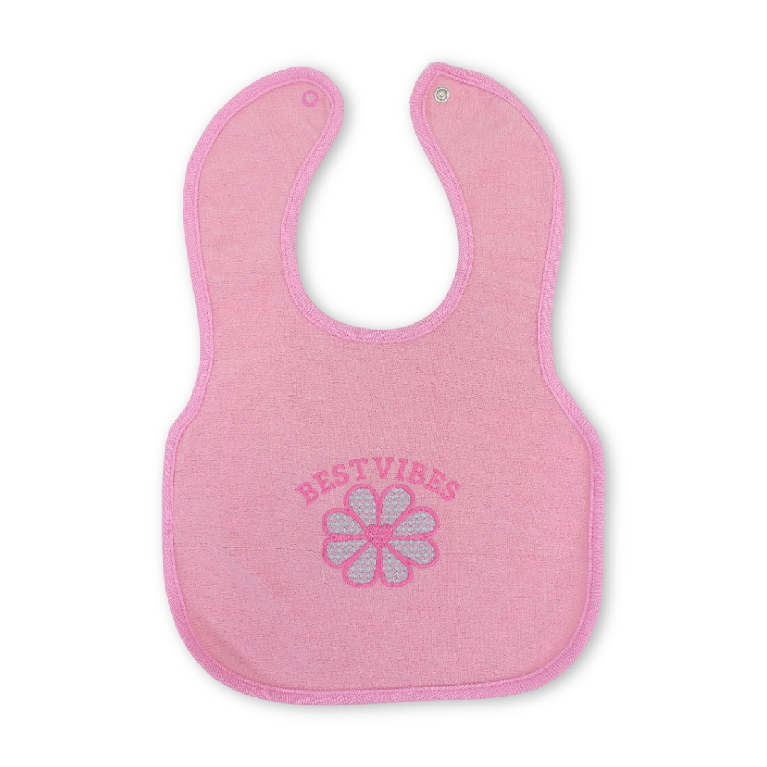 Cotton Bib – Pink with Flower Embroidery