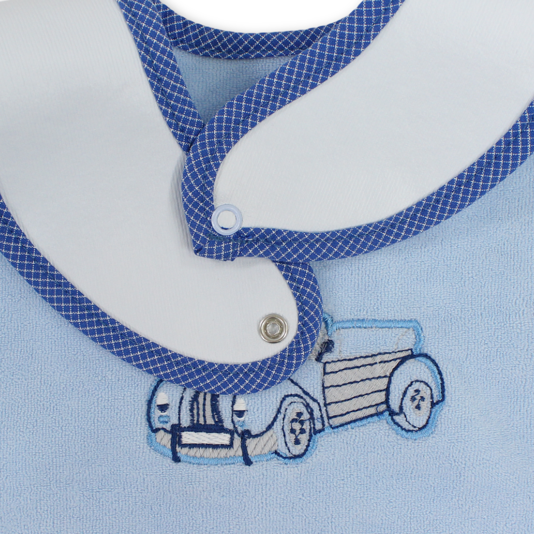 Cotton Bib – Baby Blue with Car Embroidery
