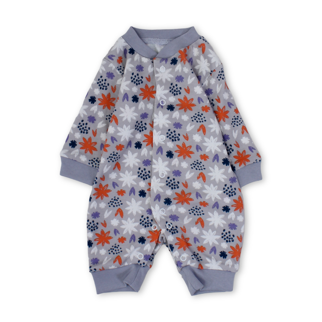 Baby Girls Cotton Footless Onesie – Grey with Flowers Print