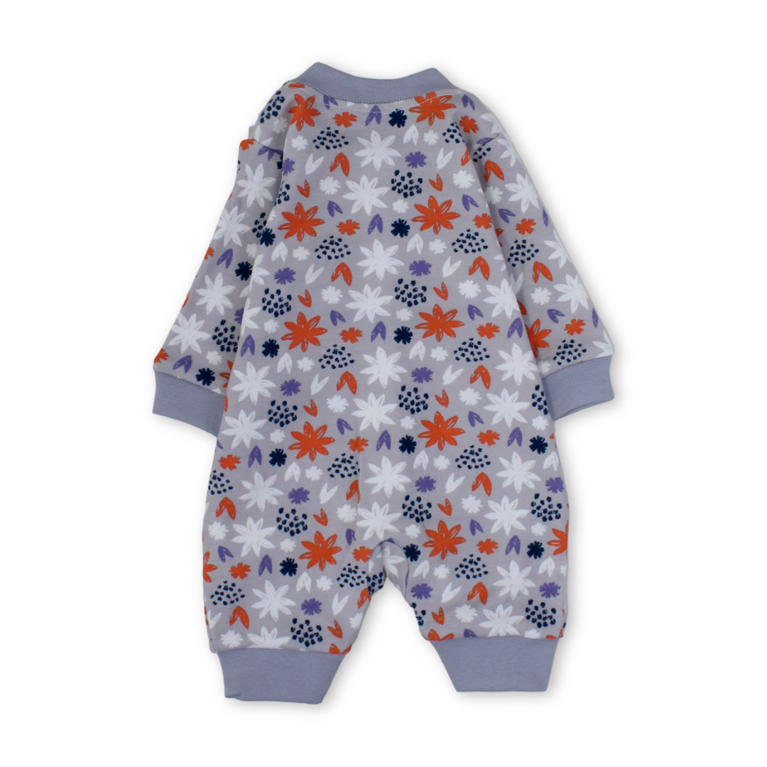 Baby Girls Cotton Footless Onesie – Grey with Flowers Print