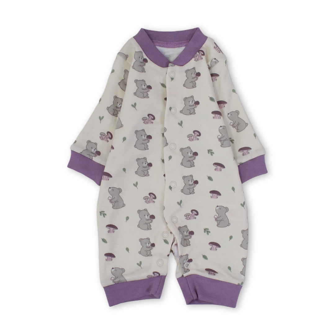 Baby Girls Cotton Footless Onesie – Off-White with Teddy Bear Print
