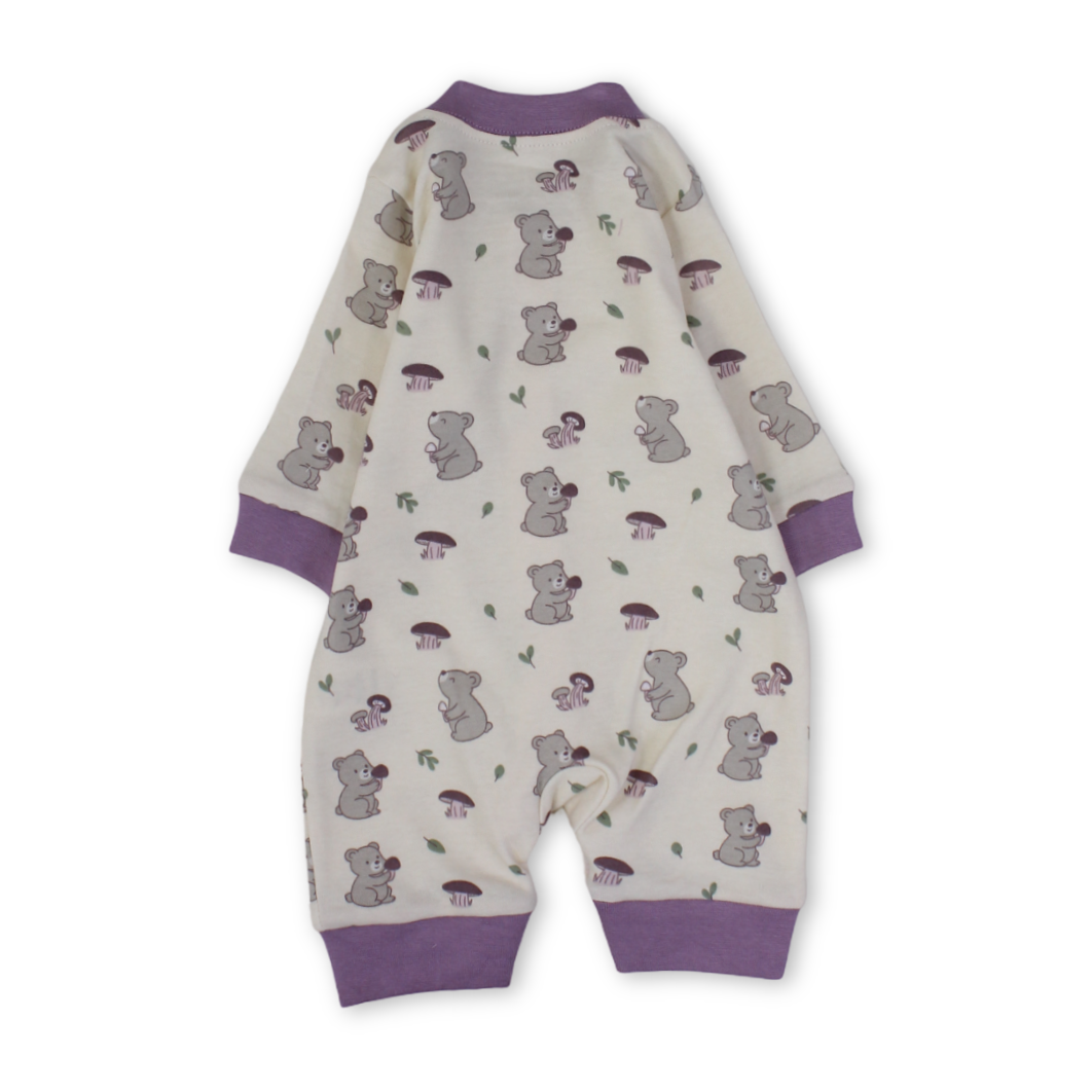 Baby Girls Cotton Footless Onesie – Off-White with Teddy Bear Print