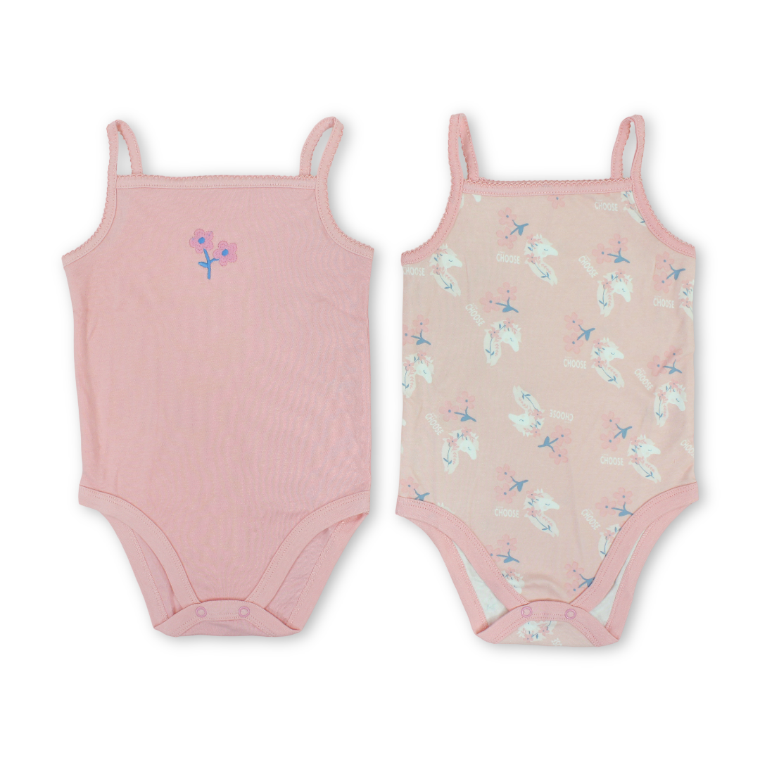 Baby Girls Cotton Sleeveless Bodysuit – Pink with Flowers Print