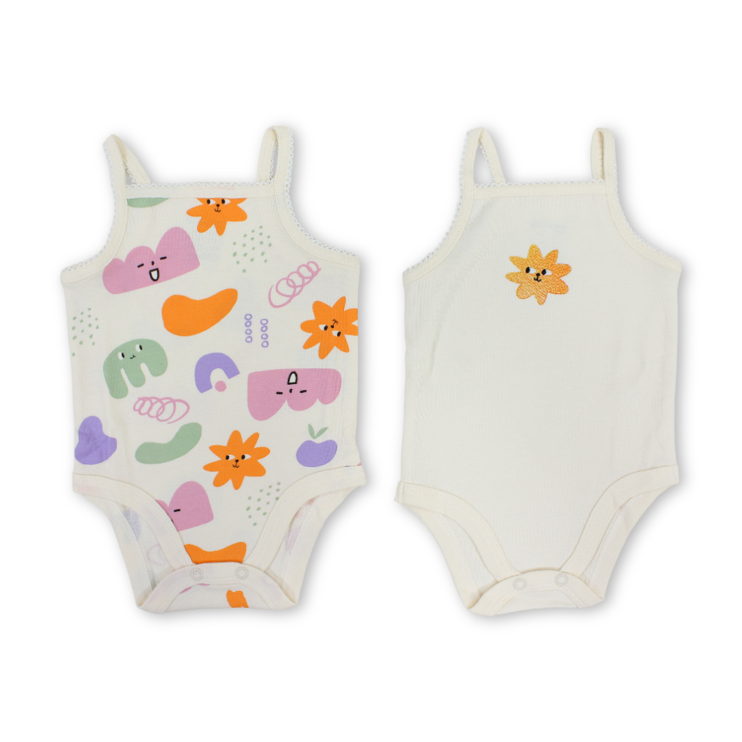 Baby Girls Cotton Sleeveless Bodysuit – Off-White with Sun Print