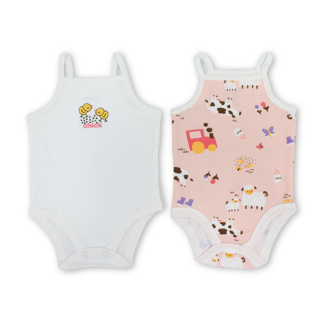 Baby Girls Cotton Sleeveless Bodysuit – Salmon & Off-White with Farm Animals Print