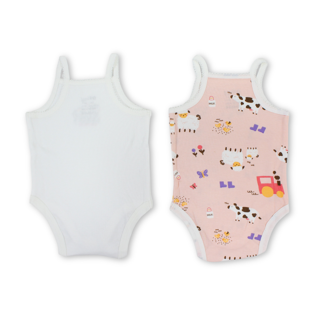 Baby Girls Cotton Sleeveless Bodysuit – Salmon & Off-White with Farm Animals Print