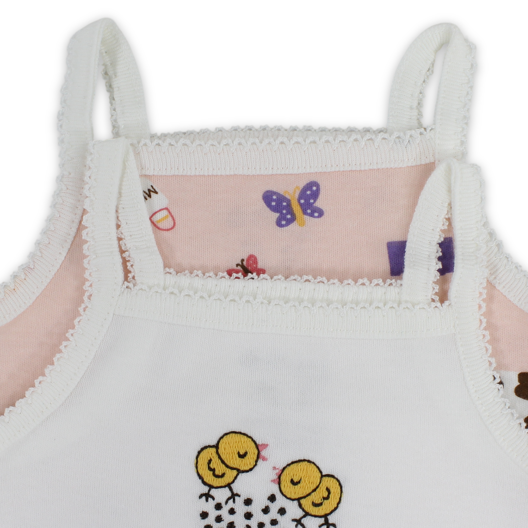 Baby Girls Cotton Sleeveless Bodysuit – Salmon & Off-White with Farm Animals Print