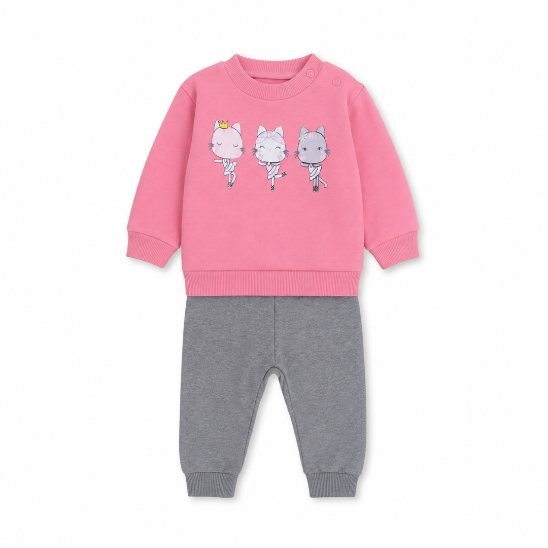Baby Girls Cotton Pajama – Pink with Dancing Cats Print