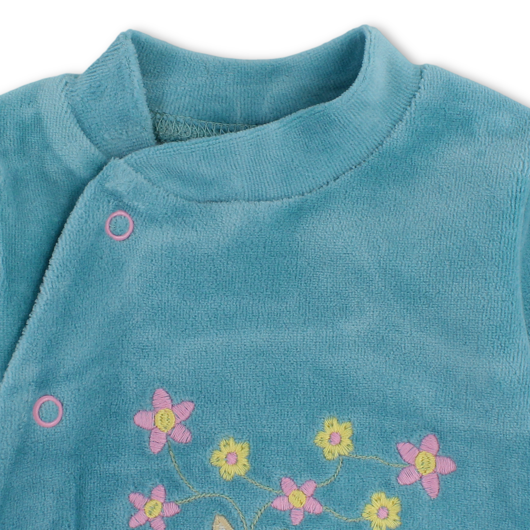 Baby Girls Velvet Baby Footie – Turquoise with Gazelle Embroidery