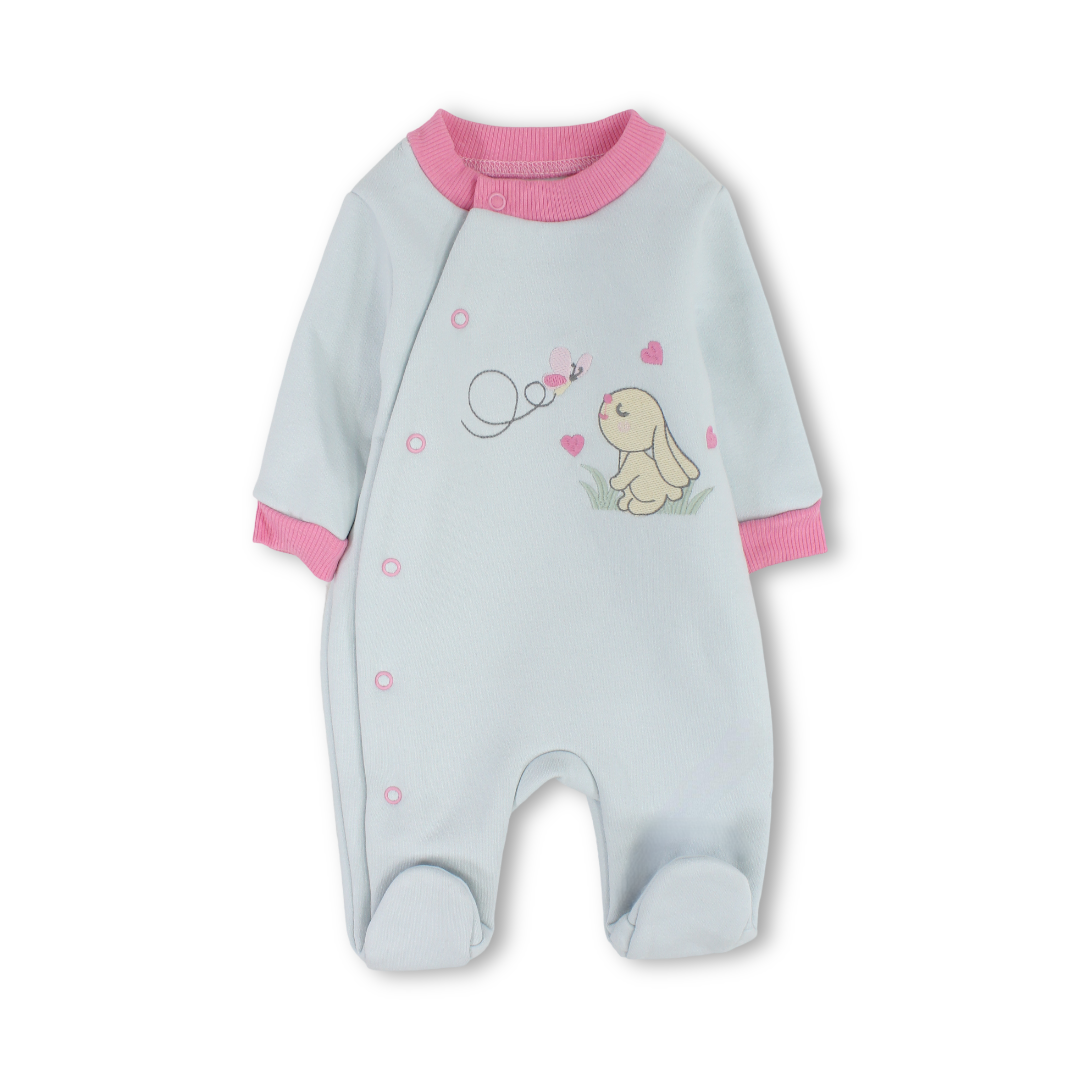 Baby Girls Cotton Baby Footie – Mint & Pink with Rabbit Embroidery