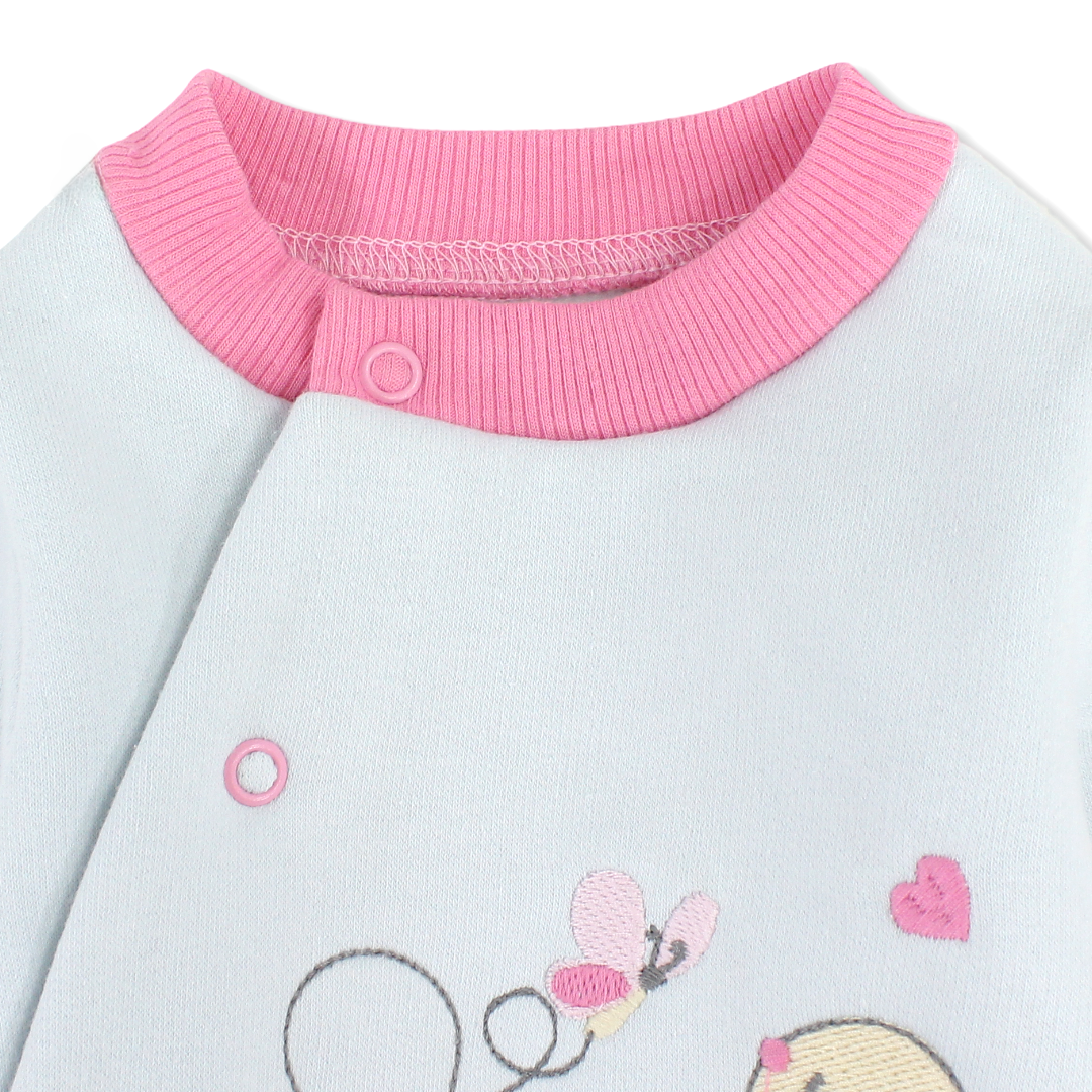 Baby Girls Cotton Baby Footie – Mint & Pink with Rabbit Embroidery