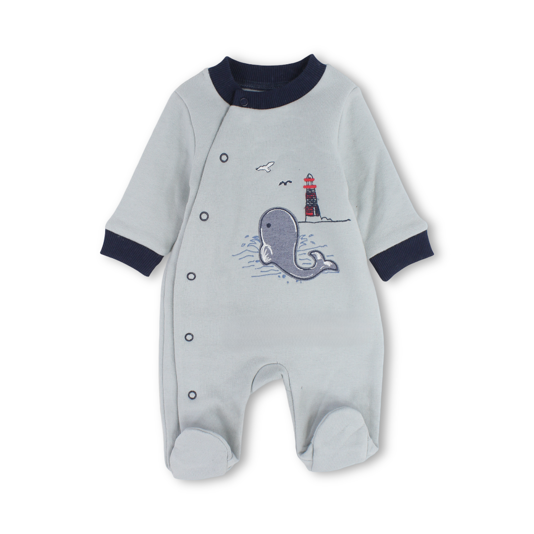Baby Boys Cotton Baby Footie – Baby Blue with Whale Embroidery