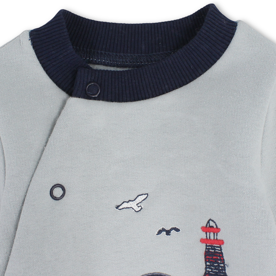 Baby Boys Cotton Baby Footie – Baby Blue with Whale Embroidery