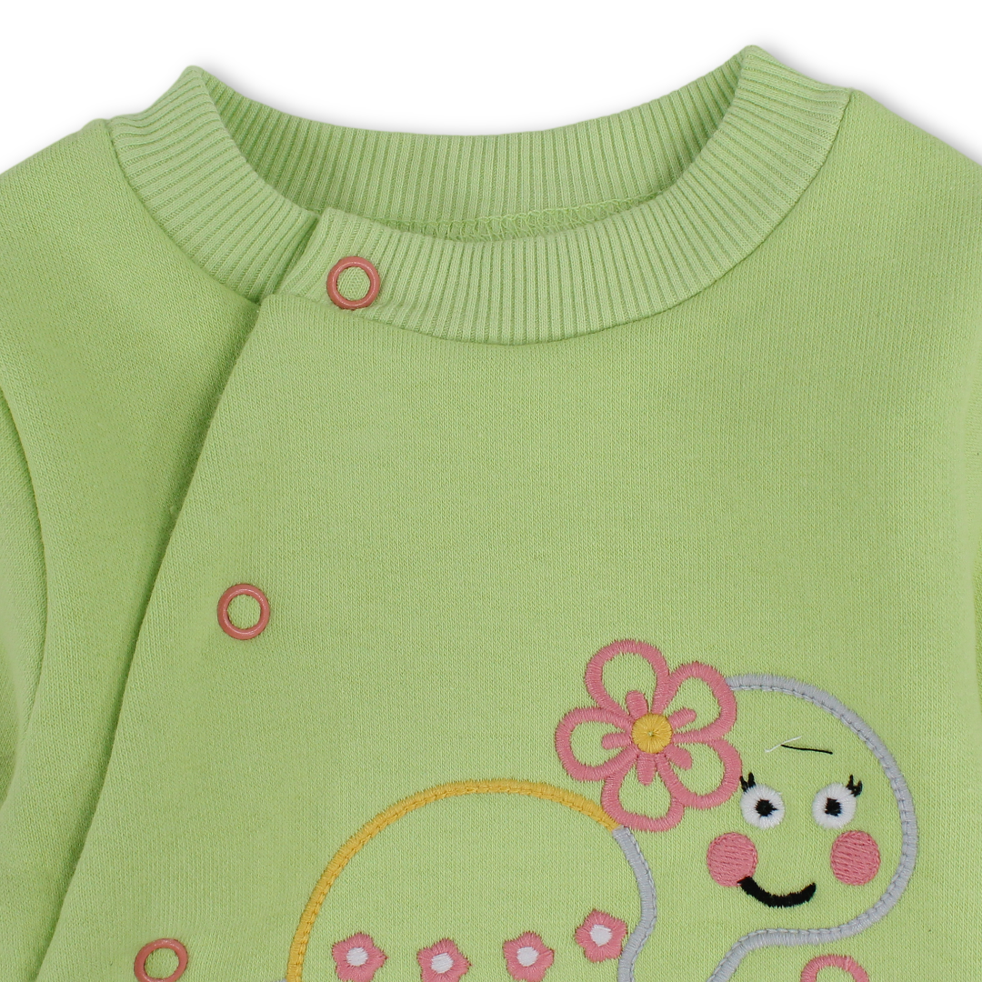 Baby Girls Cotton Baby Footie – Pistachio with Turtle Embroidery