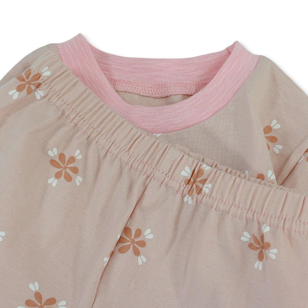 Baby Girls Cotton Pajama – Salmon with Flowers Print