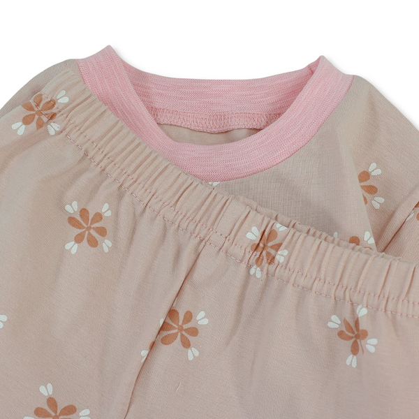 Baby Girls Cotton Pajama – Salmon with Flowers Print