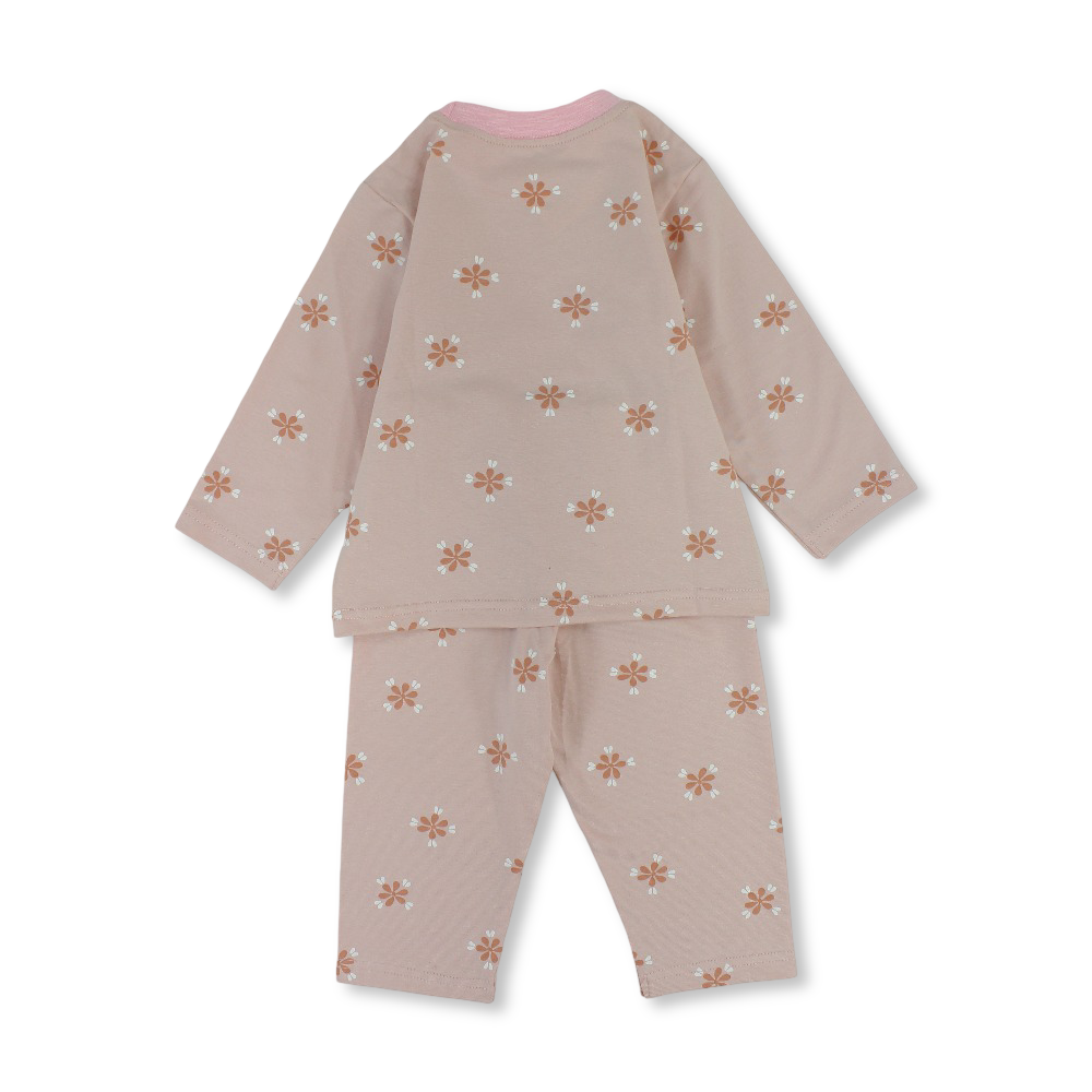 Baby Girls Cotton Pajama – Salmon with Flowers Print