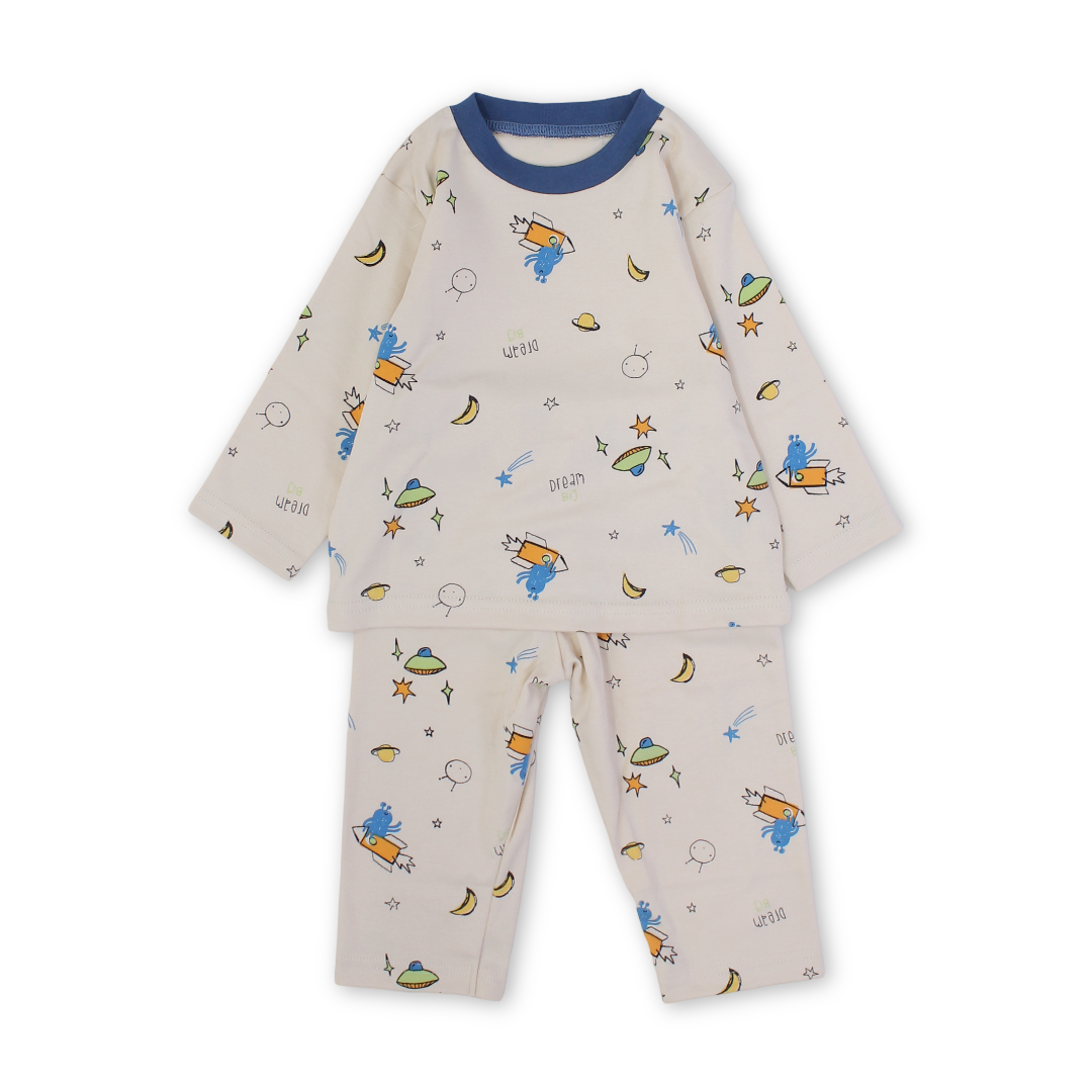 Baby Boys Cotton Pajama  Set – Beige with Space Prints