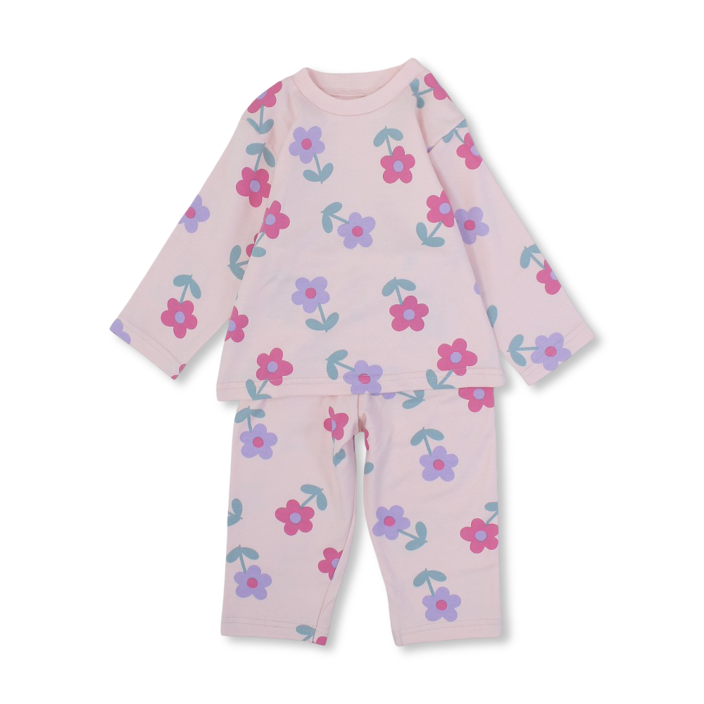 Baby Girls Cotton Pajama Set – Pink with Floral Print - Clothing - Al Sayad