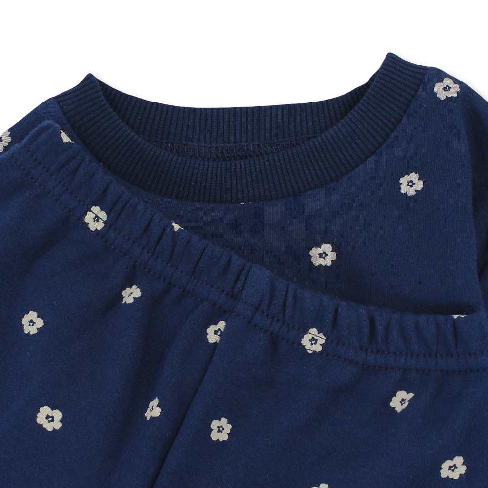 Baby Girls Cotton Pajama Set - Navy with Flowers Print