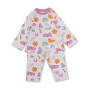 Baby Girls Cotton Pajama Set – Off-White & Pink with Cute Shapes Print