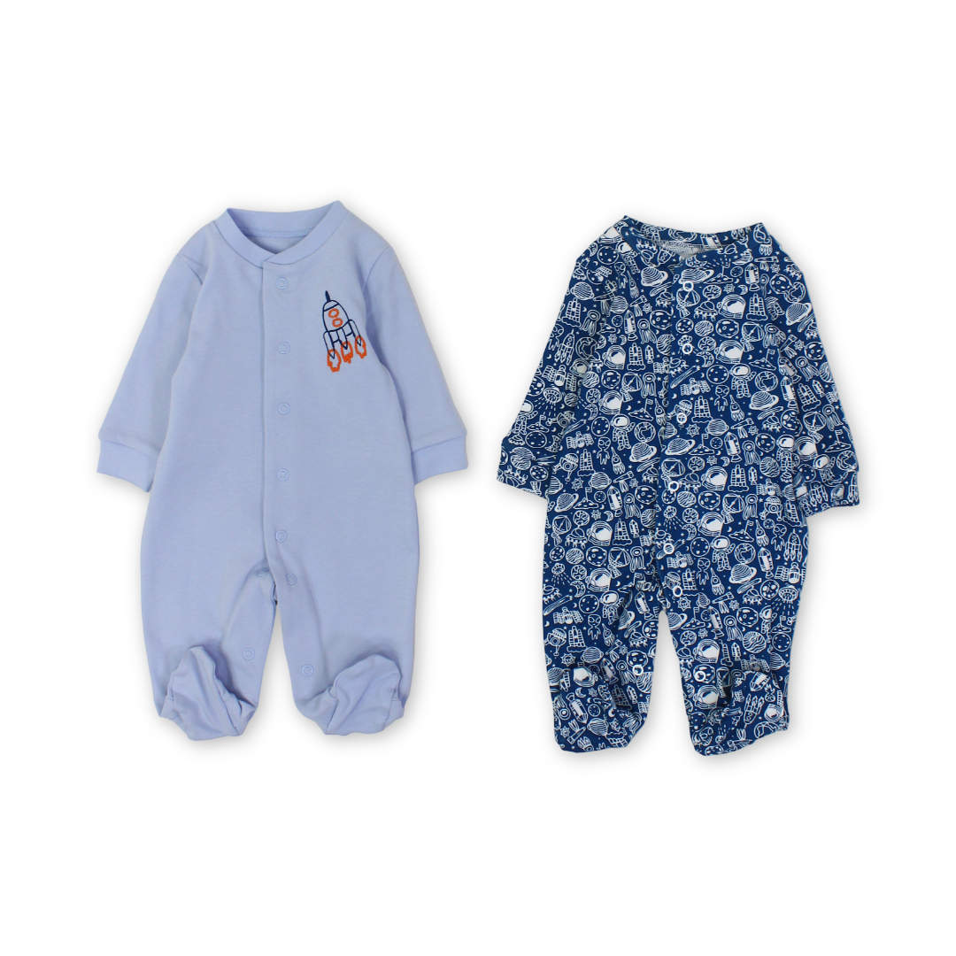 Baby Boys Cotton Baby Footie – Baby Blue + Indigo with Space Print