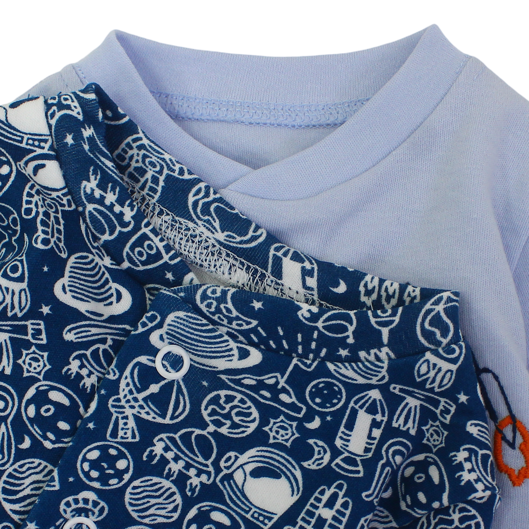 Baby Boys Cotton Baby Footie – Baby Blue + Indigo with Space Print