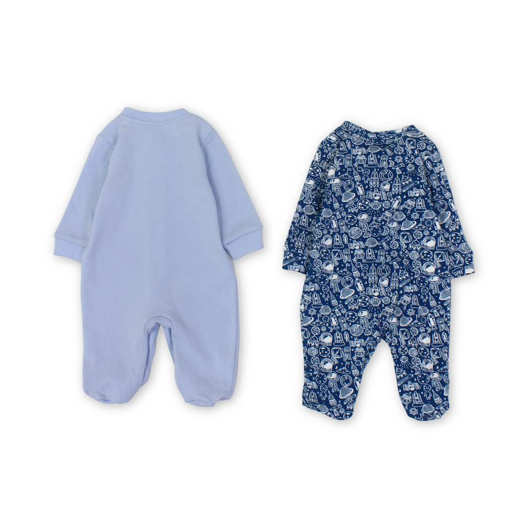 Baby Boys Cotton Baby Footie – Baby Blue + Indigo with Space Print