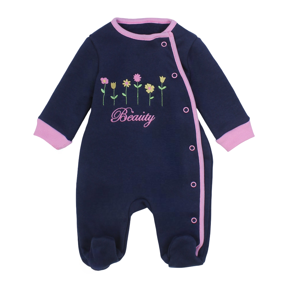 Baby Girls Cotton Baby Footie – Navy with Flowers Design