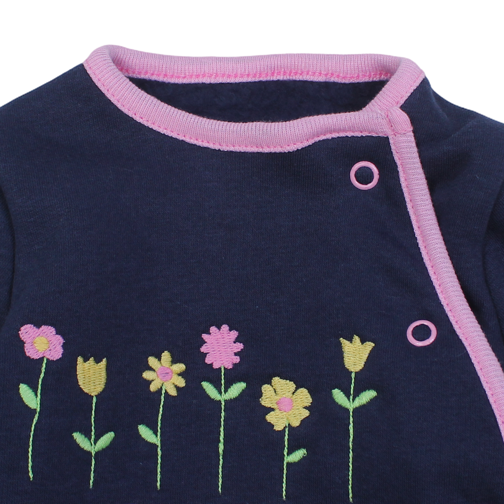 Baby Girls Cotton Baby Footie – Navy with Flowers Design