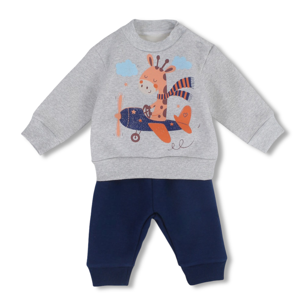 Baby Boys Cotton Pajama Set – Grey with Giraffe & Airplane Design