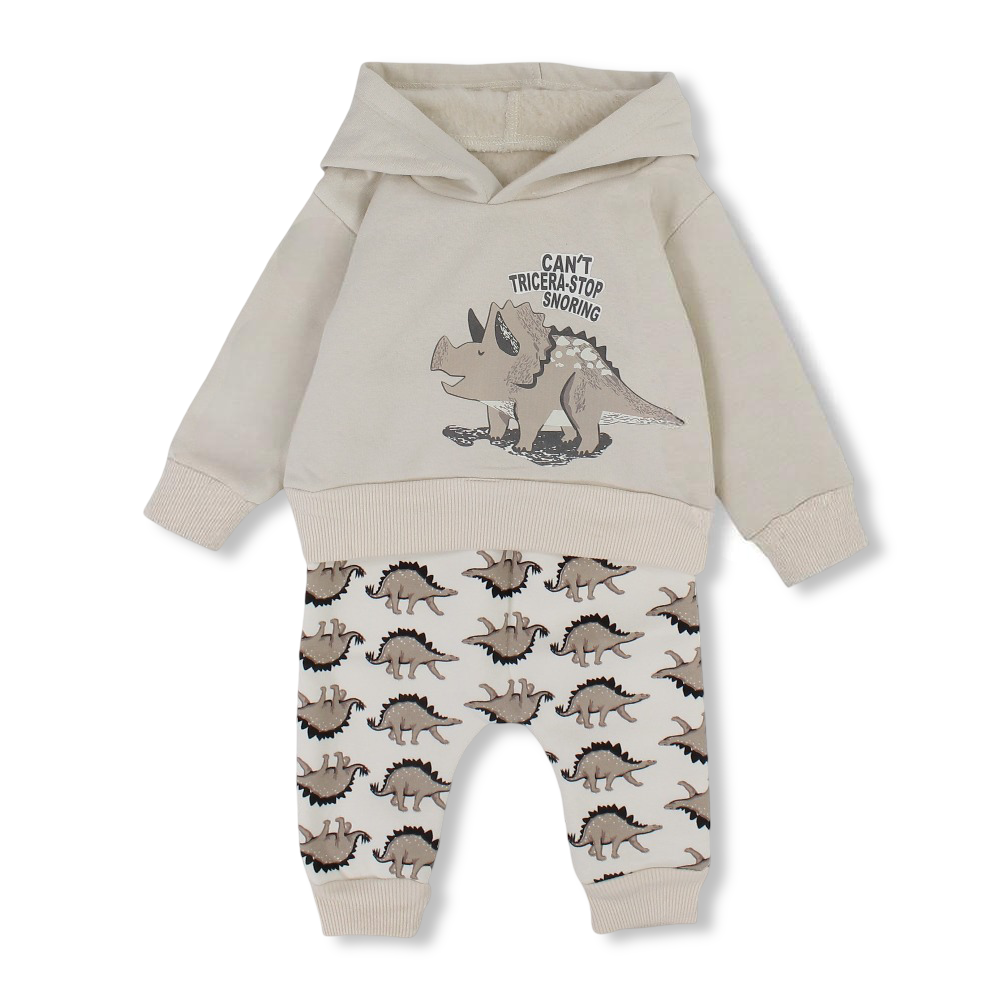 Baby Boys Cotton Hooded Pajama Set – Beige with Dinosaur Design