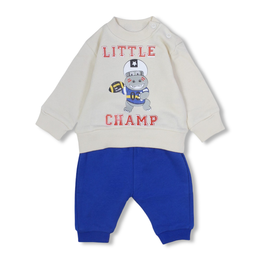 Baby Boys Cotton Pajama Set – Beige/Blue with Little Champ Design