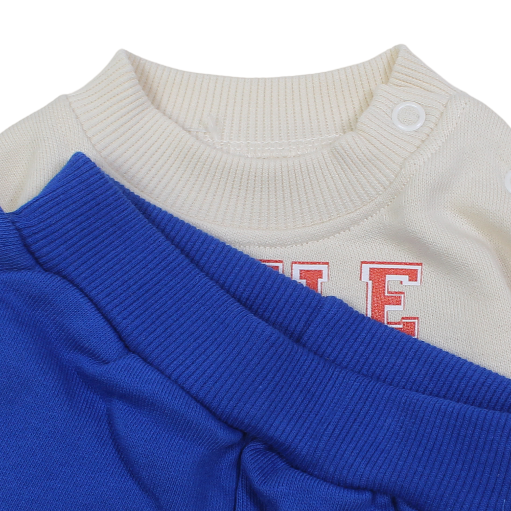 Baby Boys Cotton Pajama Set – Beige/Blue with Little Champ Design