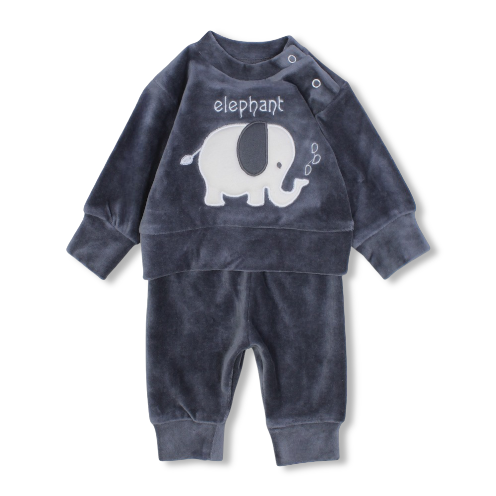Baby Boys Velvet Pajama Set – Grey with Elephant Design