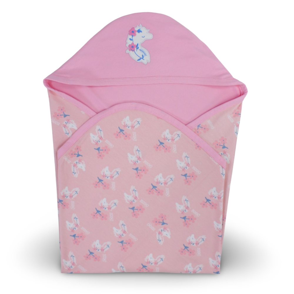 Cotton Baby Blanket – Pink with Seahorse & Floral Design