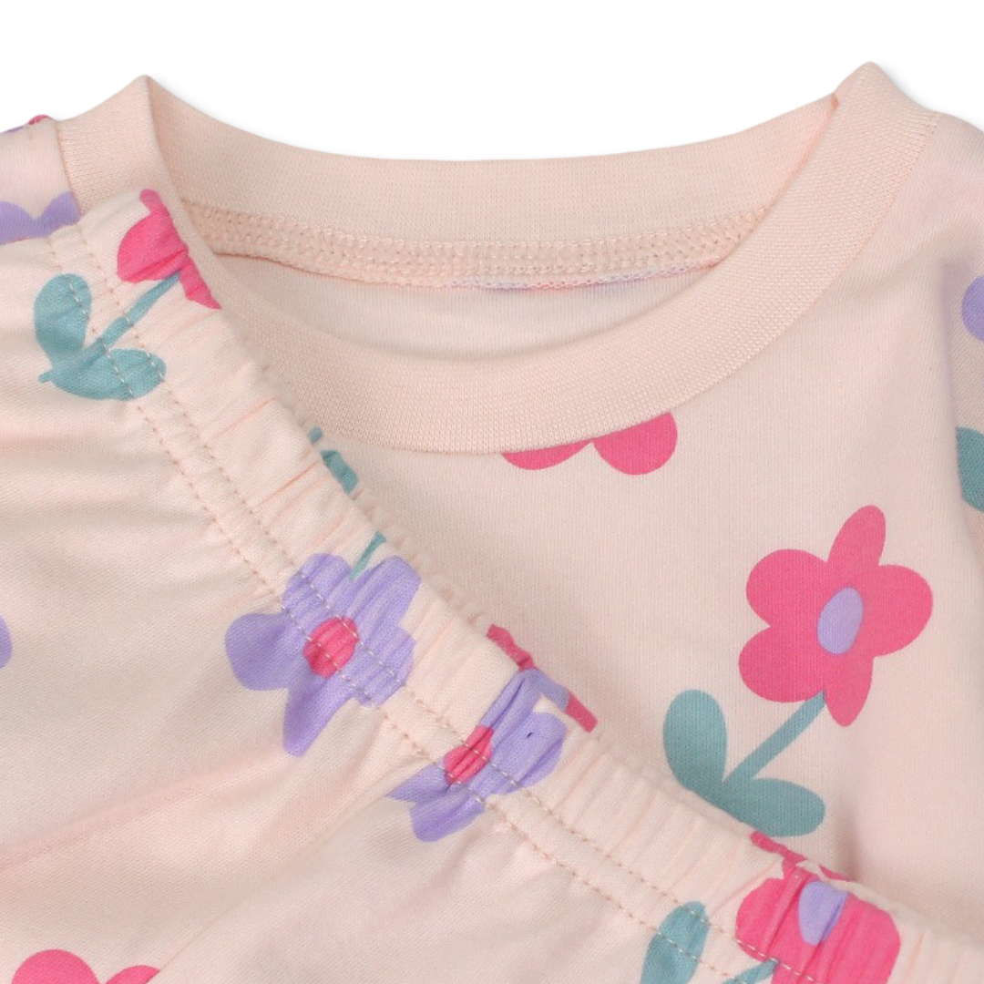 Girls Cotton Pajama – Pink with Flowers Print
