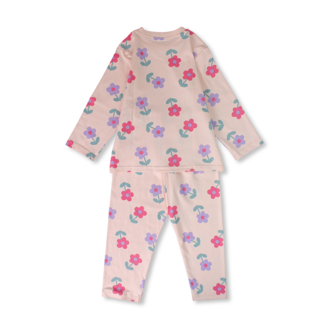 Girls Cotton Pajama – Pink with Flowers Print
