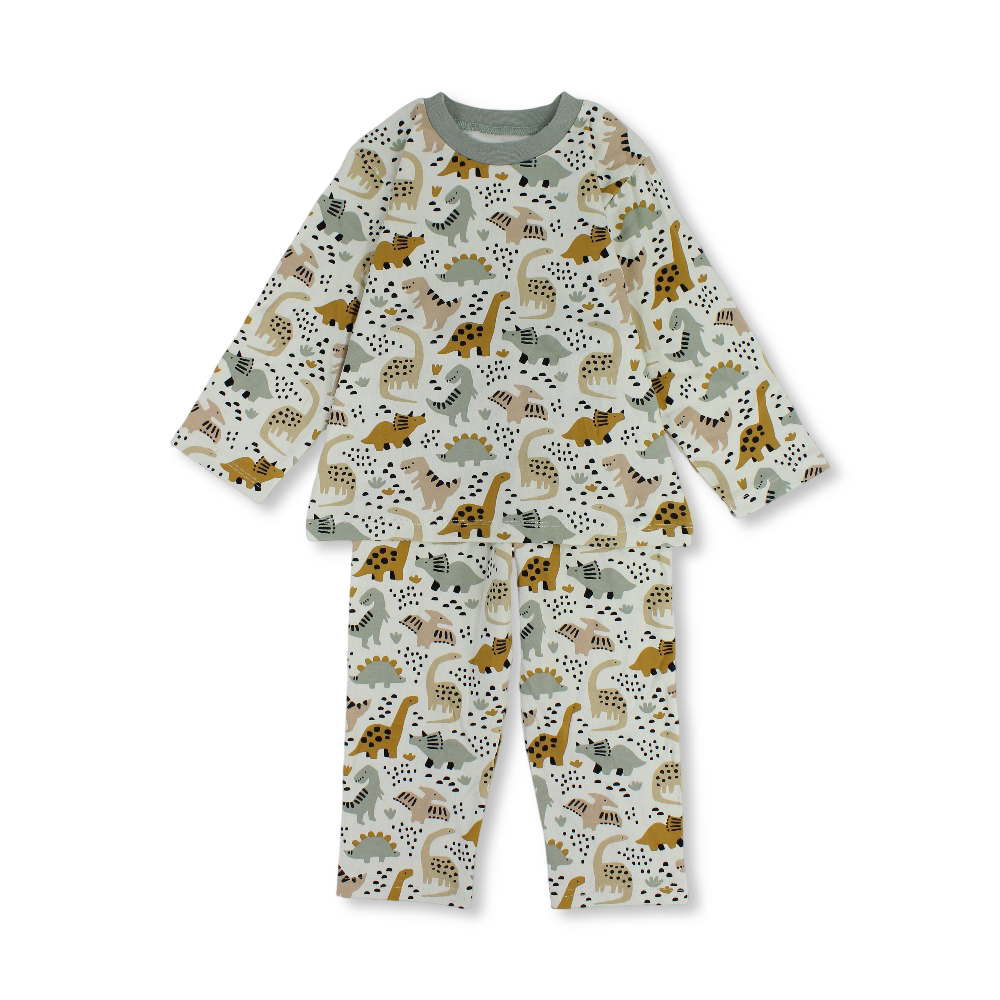 Baby Boys Cotton Pajama – Off-White & Grey with Dino Print - Clothing - Al Sayad