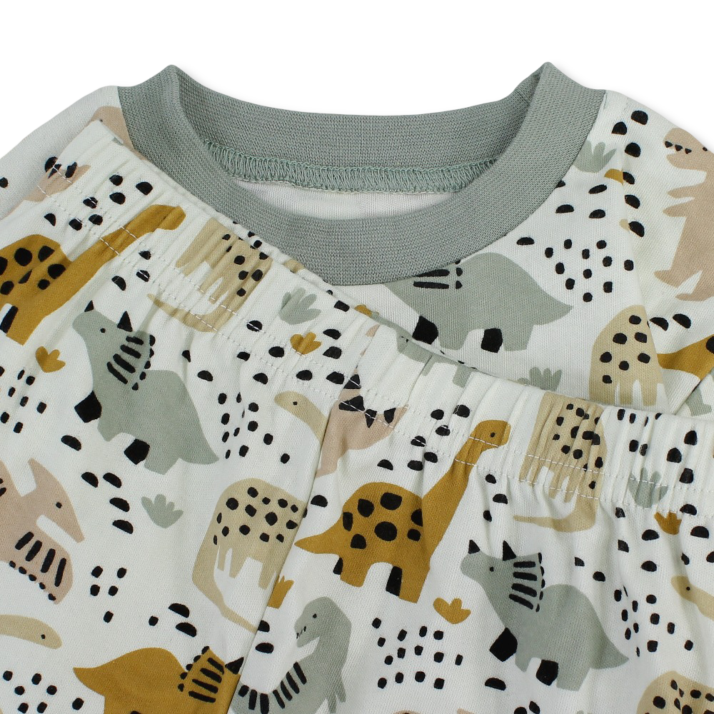 Baby Boys Cotton Pajama – Off-White & Grey with Dino Print