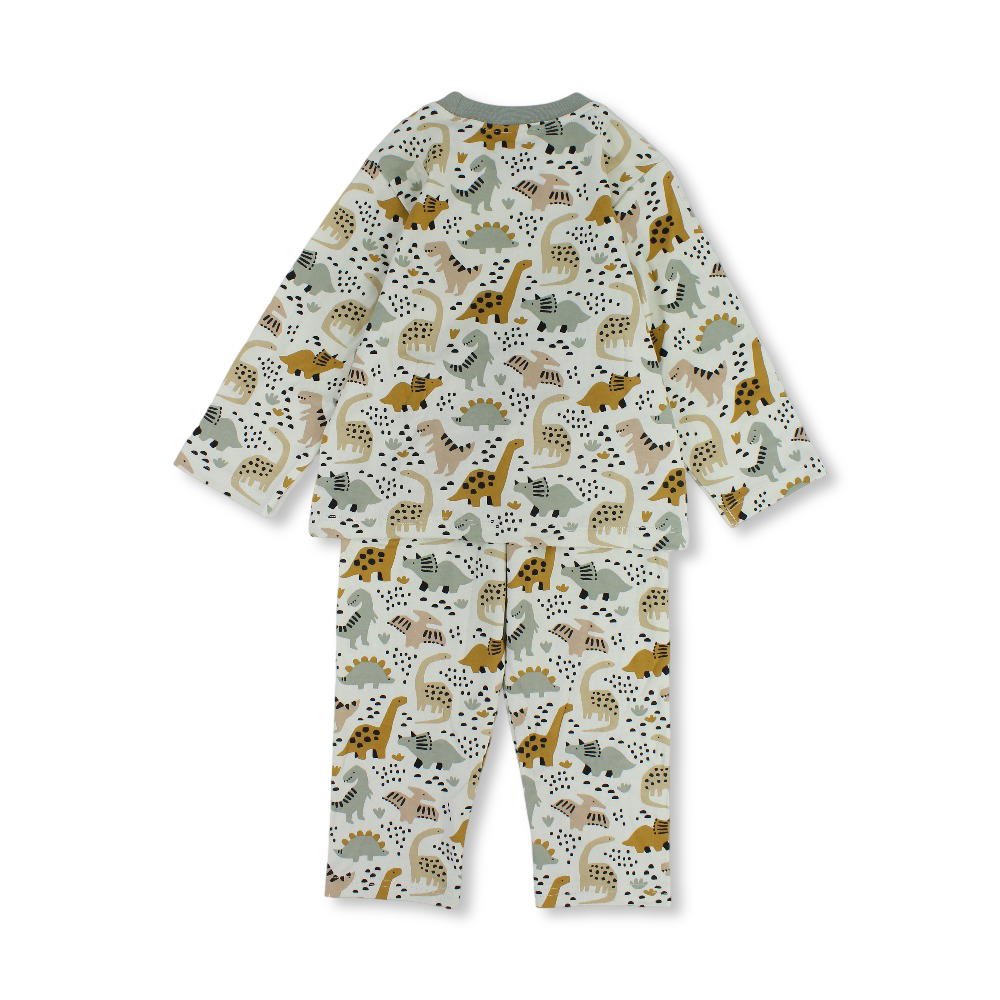 Baby Boys Cotton Pajama – Off-White & Grey with Dino Print